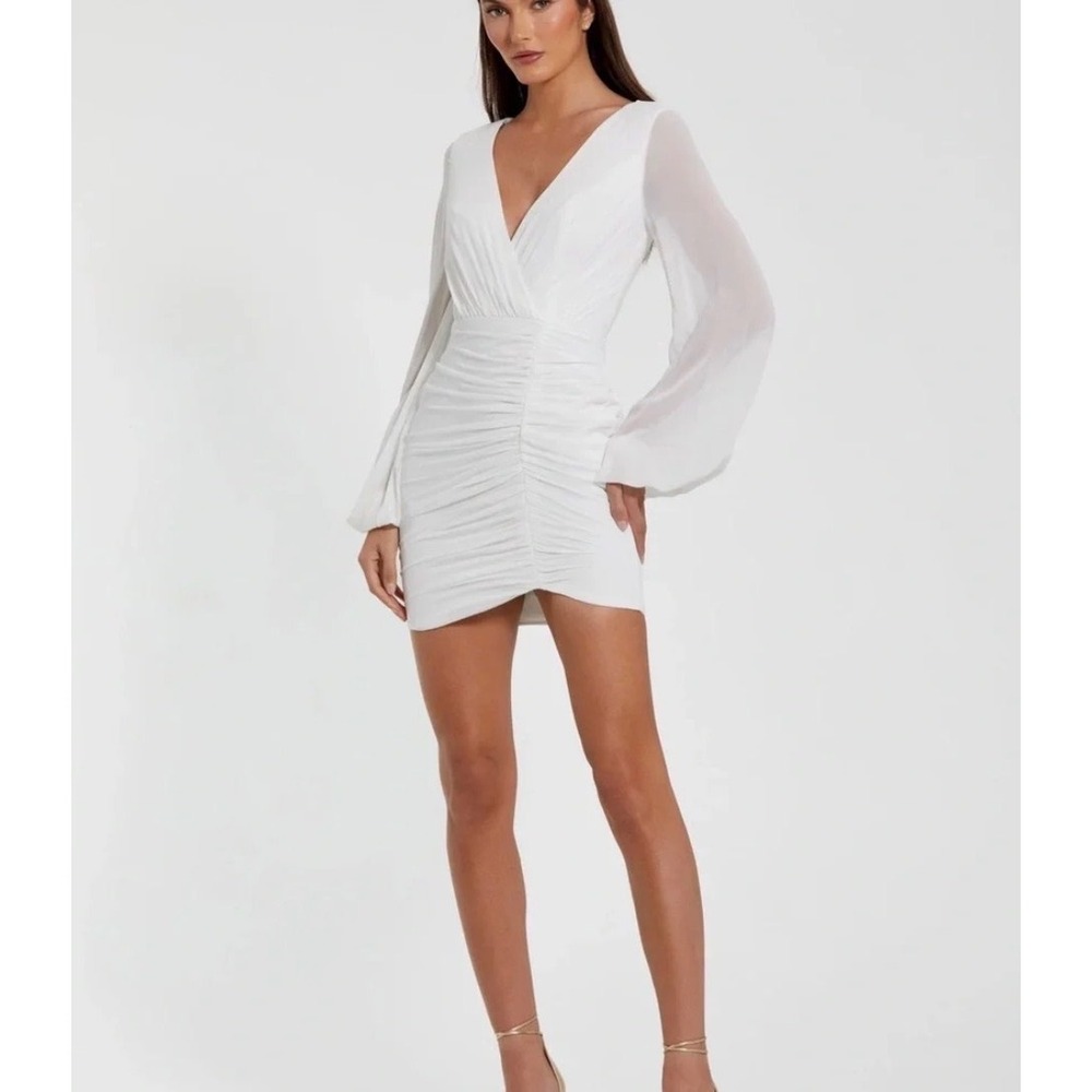 Ieena Mac Duggal White Ruched Long Sleeve Mini Dress 26655 Bridal Cocktail 0